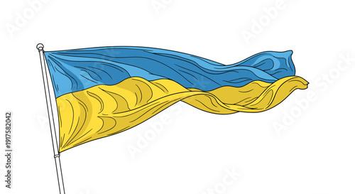Ukrainian flag waves in artistic line drawing with blue and yellow stripes in motion