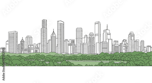 Modern city skyline with urban skyscrapers and lush green park in linear style