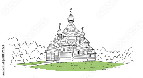 Historic wooden church sketch with detailed architecture in black and white