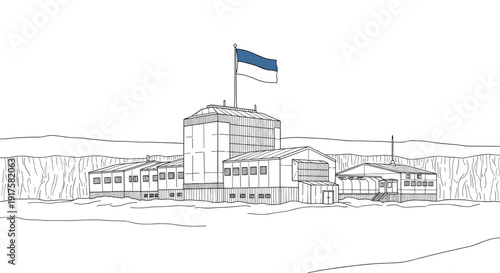 Monochrome outline of research station with flag in cold terrain