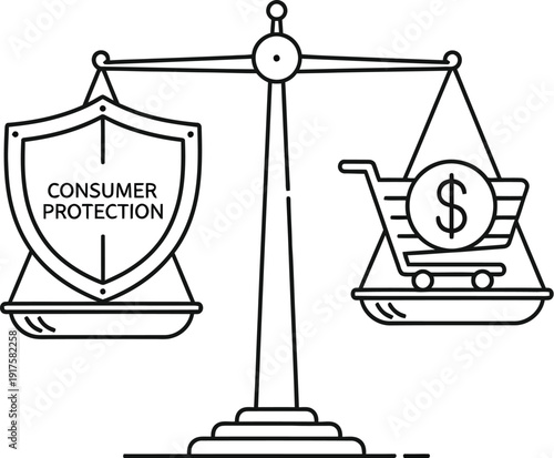 Conceptual line art illustration depicting the critical balance between consumer protection rights and the financial aspect of commerce represented by a shopping cart.