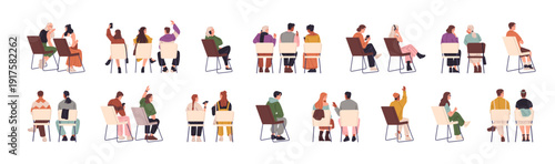People sit on chairs back view set. Men and women are on seats at seminar, conference, concert or meeting. Behind of audience, spectators. Flat isolated vector illustrations on white background
