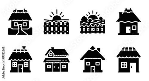 Charming village houses silhouette collection: rustic and traditional icon set