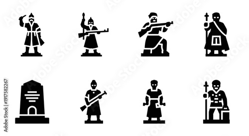 Set of historical warrior silhouettes featuring monuments and armed figures