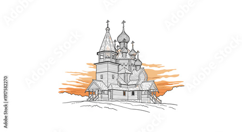 Historic wooden church with onion domes against a sunset sky