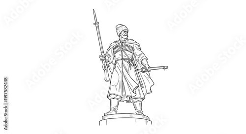 Historical warrior monument line art for culture and heritage themes