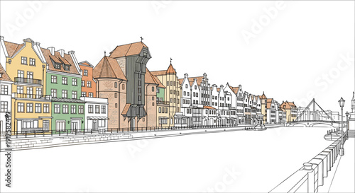 Colorful cityscape of historic european riverfront with charming buildings