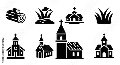 Silhouette icons of churches and nature elements for design