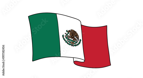Waving mexican flag with bold colors featuring national emblem in cartoon style