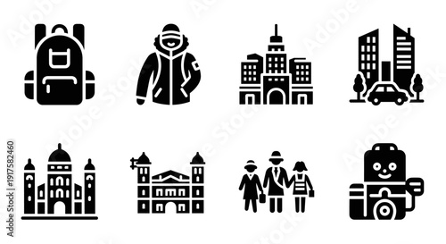 Urban exploration icons: adventure gear, cityscape, and family silhouettes