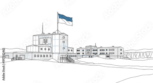 Antarctic research station line drawing with national flag