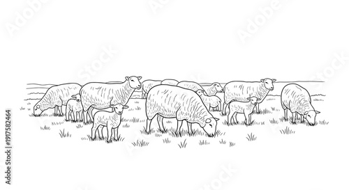 Peaceful sheep grazing in a pastoral landscape line art