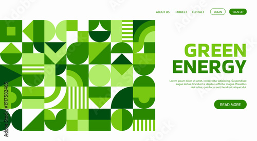 Environment ecology business landing page with geometric Bauhaus pattern. Clean electricity generation company vector webpage, sustainable renewable energy site landing page with Bauhaus pattern