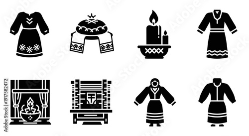 Traditional ethnic clothing and cultural symbols set in black silhouette style