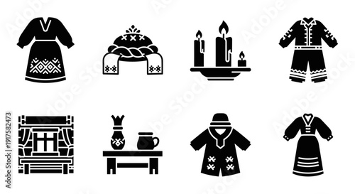 Traditional slavic folk art icons: clothing, candles, and decorations