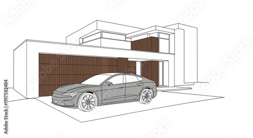 Modern minimalist house with car in front featuring architectural line art