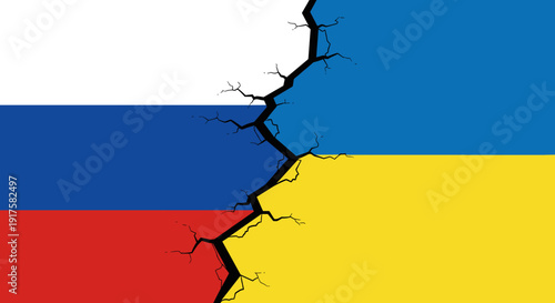 Cracked border between russia and ukraine flags symbolizing conflict and tension