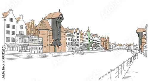 Colorful linear drawing of european waterfront architecture with historic buildings