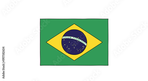 Hand-drawn brazilian flag with stars and emblem on green background