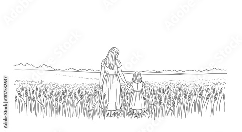 Mother and daughter strolling through wheat field in minimalist line art