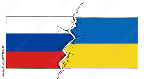 Cracked border between russian and ukrainian flags symbolizing conflict and division