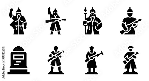 Silhouette medieval warriors and weapons icons set