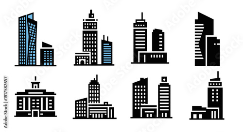 Modern skyscrapers and urban buildings silhouette collection
