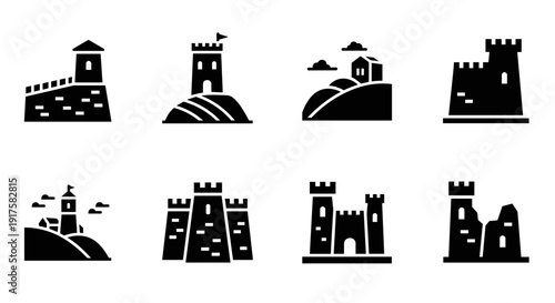 Collection of medieval castle silhouettes on rolling hills with clouds