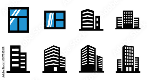 Minimalist building and window icons set in bold silhouette style