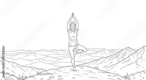 Peaceful mountain yoga scene with woman in tree pose line art style