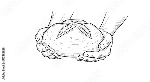 Hand holding rustic bread in detailed black and white sketch