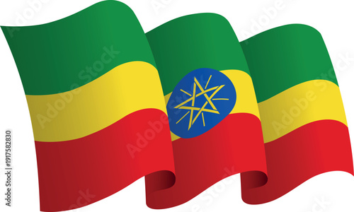 Flag of Ethiopia. Ribbon style flag that conveys a sense of movement and waving effect