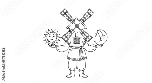 Whimsical windmill character balances sun and moon in traditional attire