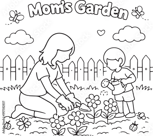 Moms Garden Mother and Child Mothers Day Coloring Page Line Art