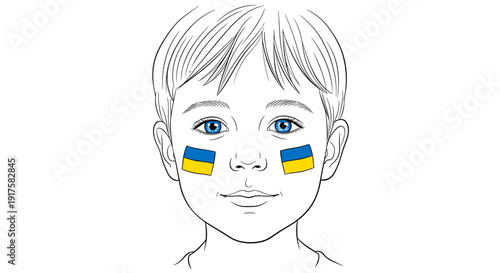 Child face outline with ukrainian flag cheeks in minimalist style