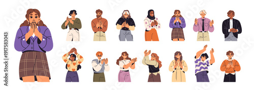 Applauding people set. Happy men and women are clapping hands. Girls and boys celebrate success with cheers. Applause, ovations, greeting. Flat isolated vector illustrations on white background