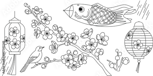 Collection of beautiful black and white line art featuring traditional Japanese koi carp cherry blossoms lanterns and a small songbird