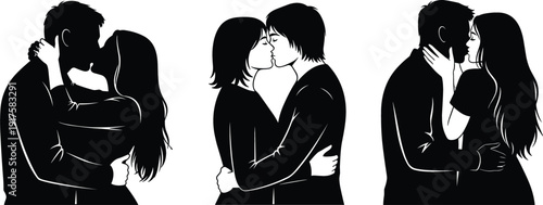 Romantic Couple Kissing Silhouette Set Love Relationship Embrace Passion Vector Illustration Collection
