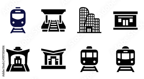 Set of urban transportation and modern architecture icons in silhouette style