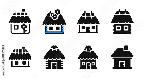Charming black and white cottage icons with thatch roof designs
