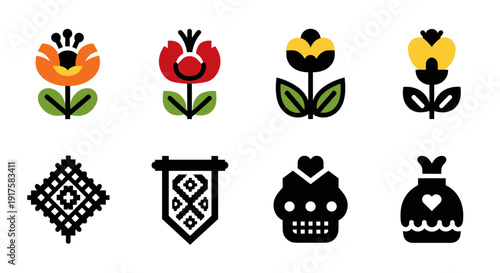 Colorful folk art motifs with floral and cultural icon designs in bold style