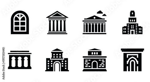 Architecture icons set: classic and modern building silhouettes in minimalist style