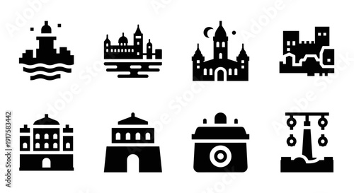Collection of castle silhouettes in minimalist black style