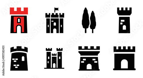 Medieval castle icons: bold silhouettes of fortresses and towers for graphic design
