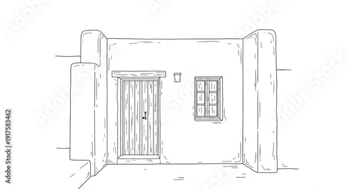 Minimalist linear art of traditional rustic adobe house exterior design