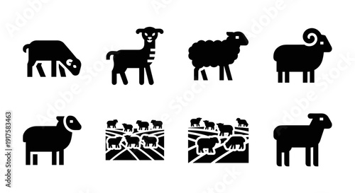 Silhouette sheep icons set: grazing, standing, and flock variations