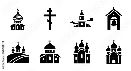 Silhouette icons of orthodox churches and crosses