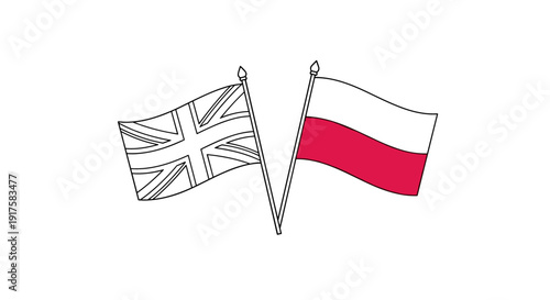 Linear drawing of united kingdom and poland flags crossed on white background