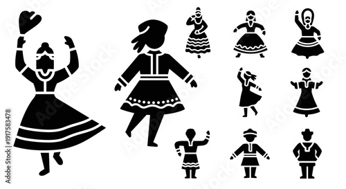 Diverse folk dance silhouettes featuring traditional costumes and vibrant movement.