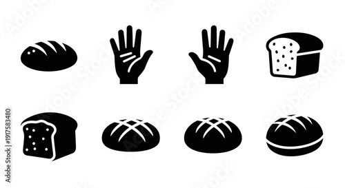 Silhouette icons of bread and hands in minimalist style